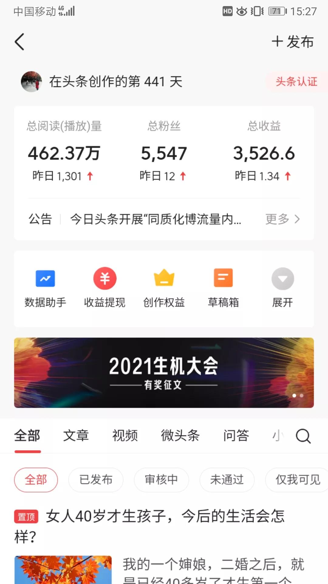 在头条创作441天，总收益3526.6元，昨天的收益却不到1块五毛钱