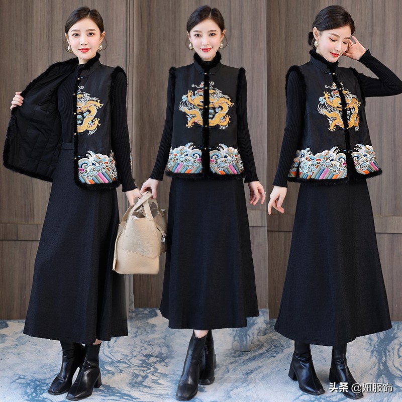 复古民族风女装批发（这几款香云纱复古印花棉服+毛呢裙）(4)