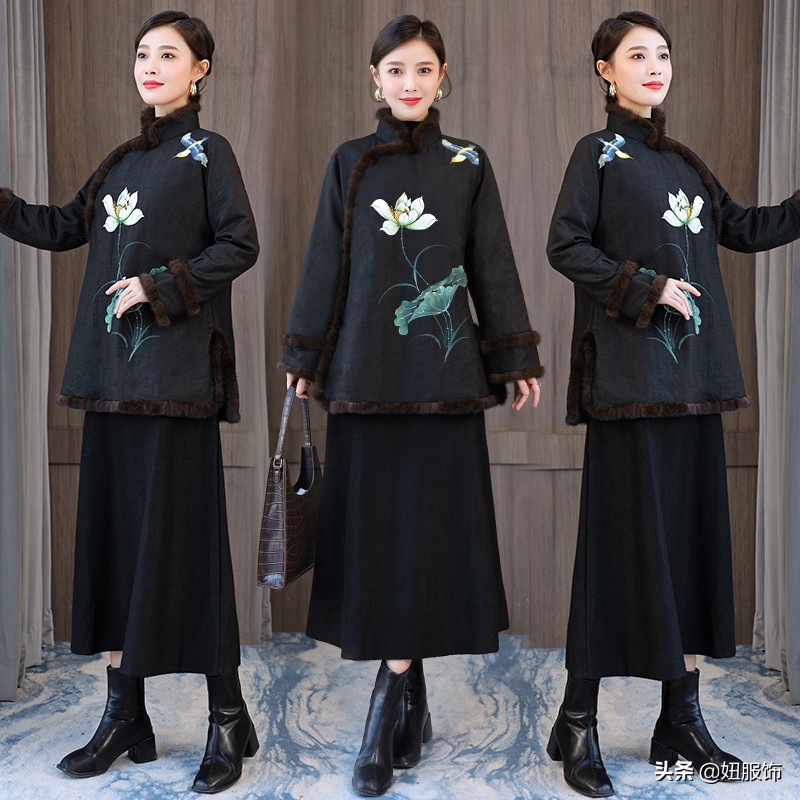 复古民族风女装批发（这几款香云纱复古印花棉服+毛呢裙）(7)